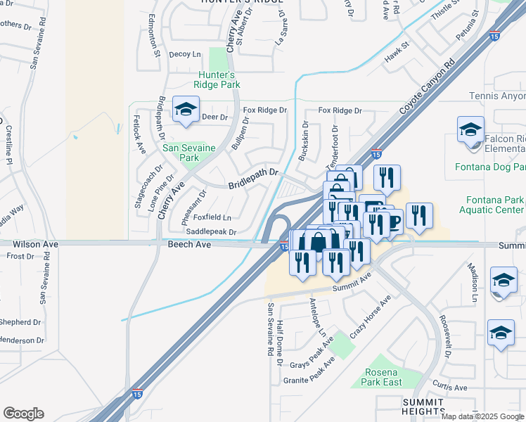 map of restaurants, bars, coffee shops, grocery stores, and more near 5603 Grand Prix Court in Fontana
