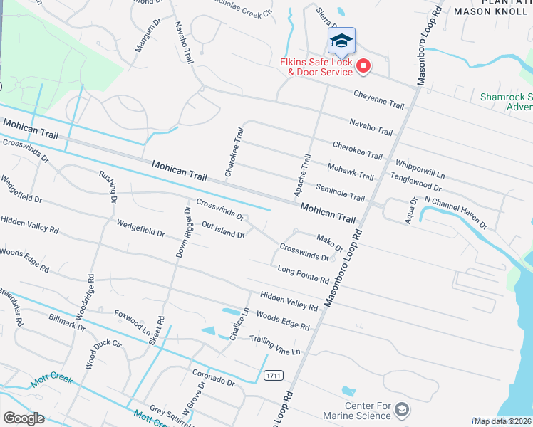 map of restaurants, bars, coffee shops, grocery stores, and more near 5800 Seabuoy Circle in Wilmington