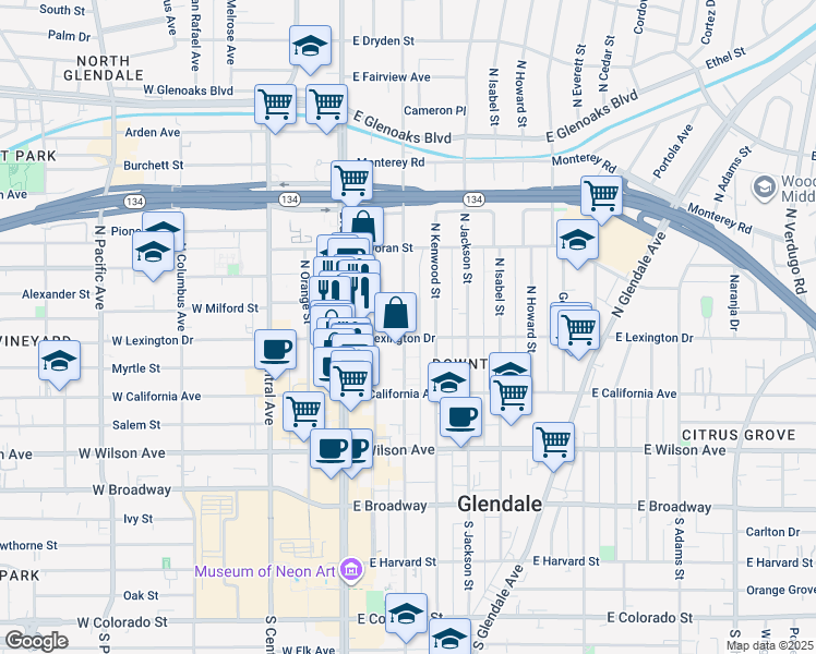 map of restaurants, bars, coffee shops, grocery stores, and more near 400 North Louise Street in Glendale