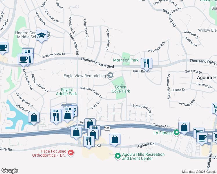 map of restaurants, bars, coffee shops, grocery stores, and more near 5503 Hartglen Place in Agoura Hills
