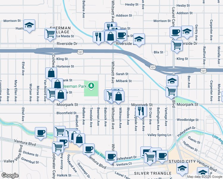 map of restaurants, bars, coffee shops, grocery stores, and more near 12502 Landale Street in Los Angeles