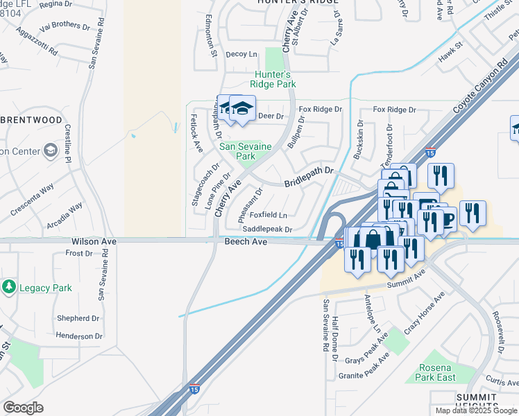 map of restaurants, bars, coffee shops, grocery stores, and more near 5612 Spur Court in Fontana