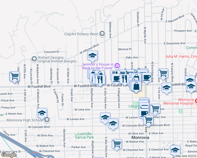 map of restaurants, bars, coffee shops, grocery stores, and more near 426 Concord Avenue in Monrovia