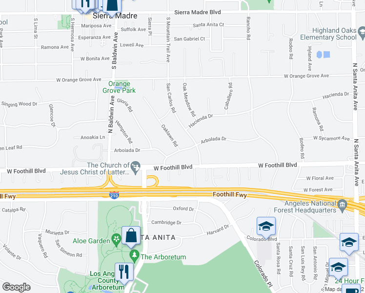 map of restaurants, bars, coffee shops, grocery stores, and more near 1200 Oaklawn Road in Arcadia