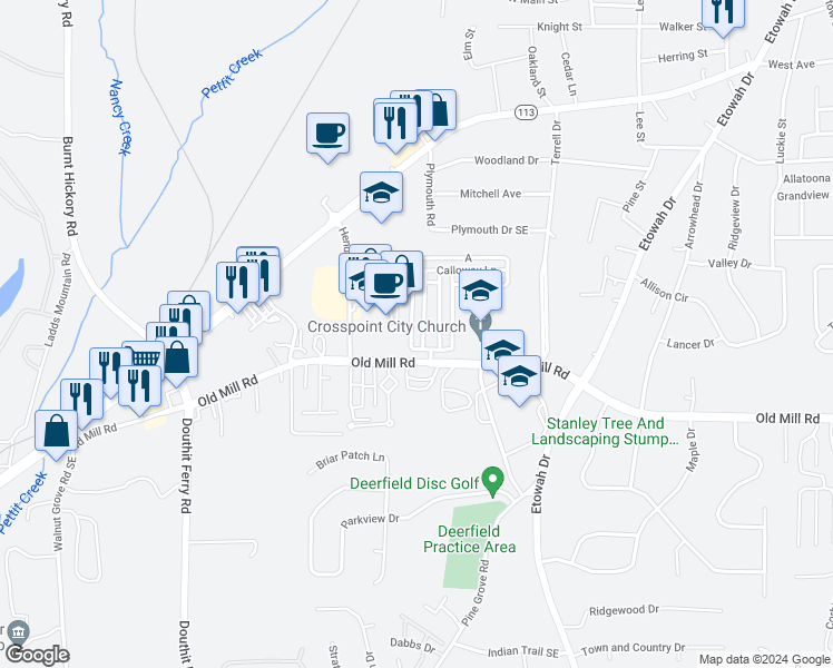 map of restaurants, bars, coffee shops, grocery stores, and more near 12 Courtyard Lane in Cartersville