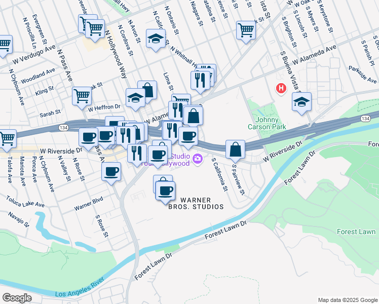 map of restaurants, bars, coffee shops, grocery stores, and more near 3400 Riverside Drive in Burbank