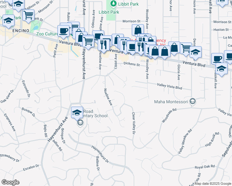 map of restaurants, bars, coffee shops, grocery stores, and more near 4445 Bergamo Drive in Los Angeles