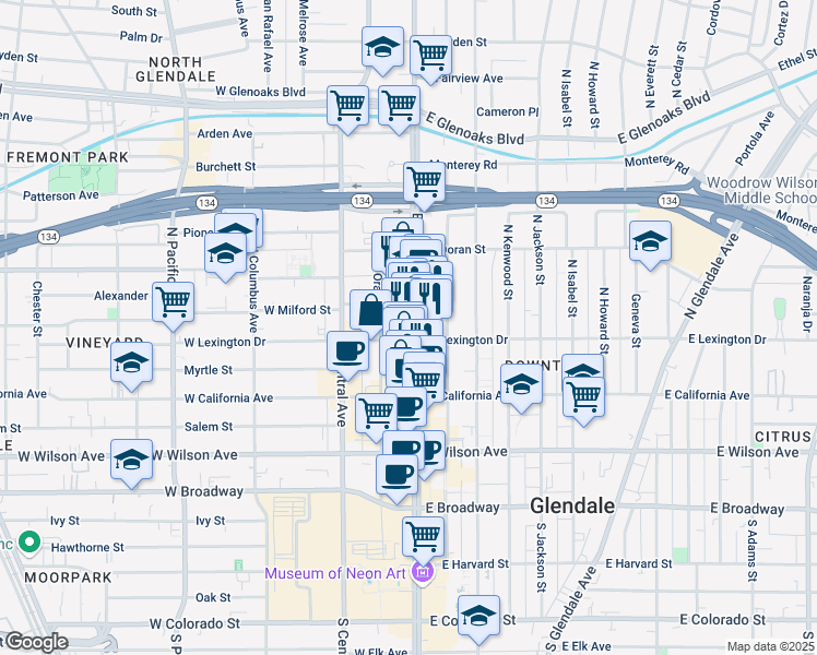 map of restaurants, bars, coffee shops, grocery stores, and more near 414 North Orange Street in Glendale