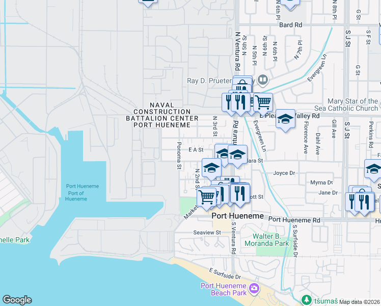 map of restaurants, bars, coffee shops, grocery stores, and more near 140 East A Street in Port Hueneme