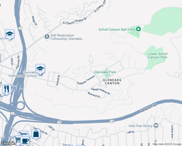 map of restaurants, bars, coffee shops, grocery stores, and more near in Glendale