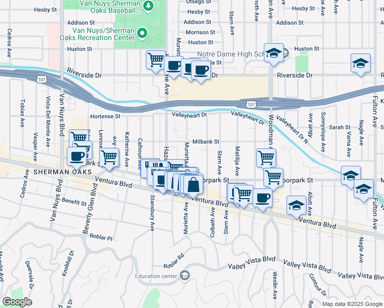 map of restaurants, bars, coffee shops, grocery stores, and more near 4457 Murietta Avenue in Los Angeles