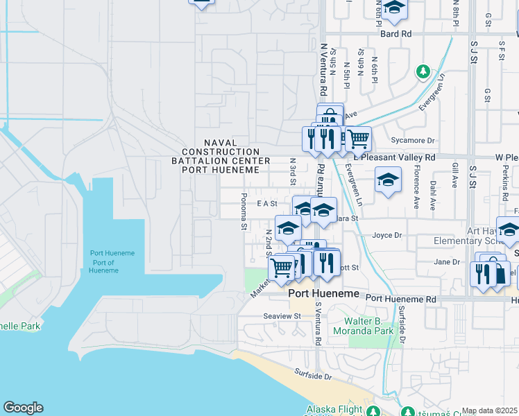 map of restaurants, bars, coffee shops, grocery stores, and more near 140 East A Street in Port Hueneme