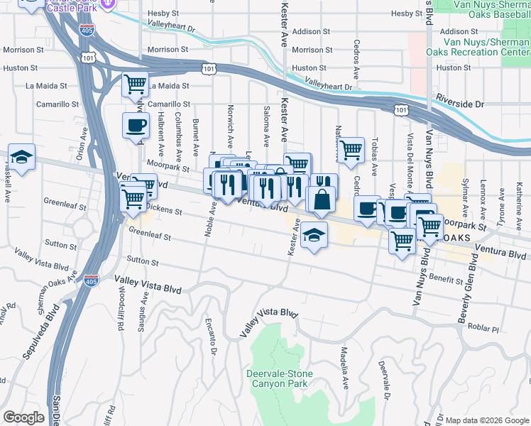 map of restaurants, bars, coffee shops, grocery stores, and more near 14930 Ventura Boulevard in Los Angeles