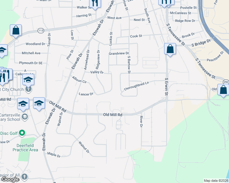 map of restaurants, bars, coffee shops, grocery stores, and more near 12 Allison Circle in Cartersville