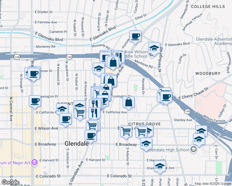 map of restaurants, bars, coffee shops, grocery stores, and more near 925 East Lexington Drive in Glendale