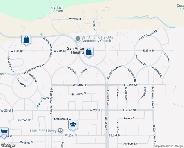 map of restaurants, bars, coffee shops, grocery stores, and more near 2450 Moorea Lane in Upland