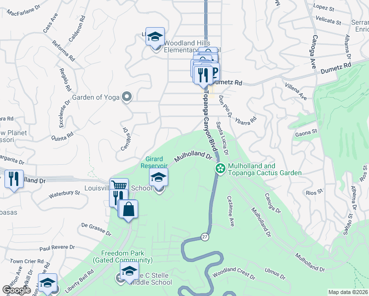 map of restaurants, bars, coffee shops, grocery stores, and more near 22101 Mulholland Drive in Los Angeles