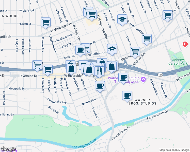 map of restaurants, bars, coffee shops, grocery stores, and more near 184 North Pass Avenue in Burbank