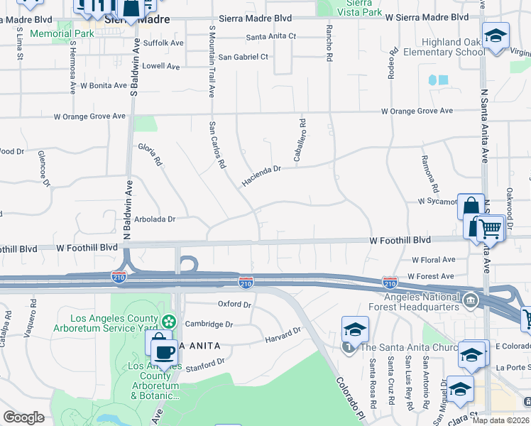 map of restaurants, bars, coffee shops, grocery stores, and more near 330 Arbolada Drive in Arcadia