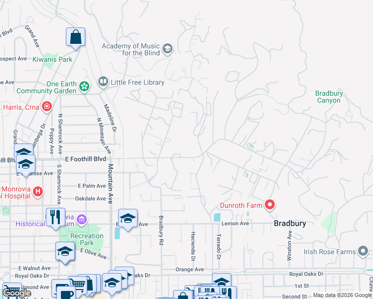 map of restaurants, bars, coffee shops, grocery stores, and more near Deodar Lane in Duarte