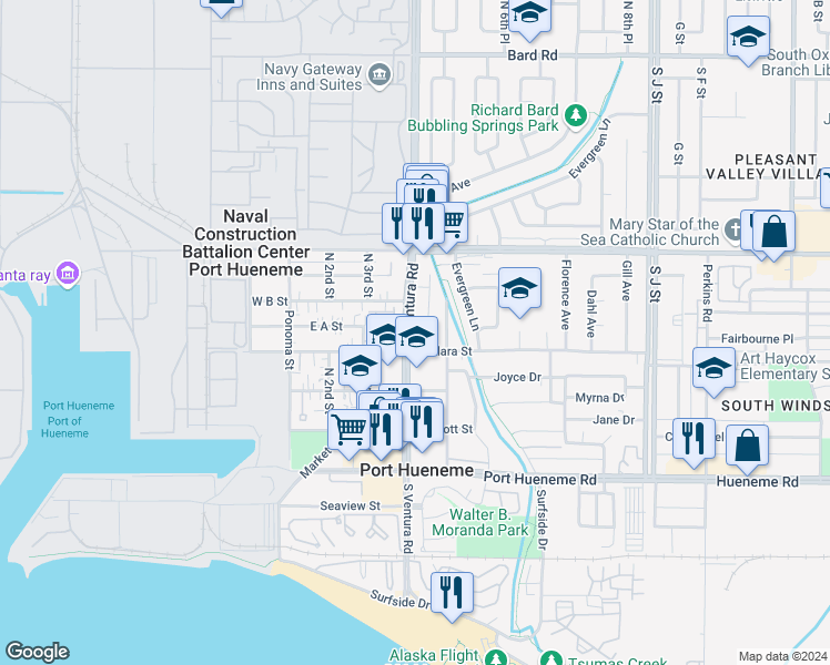 map of restaurants, bars, coffee shops, grocery stores, and more near 469 4th Place in Port Hueneme