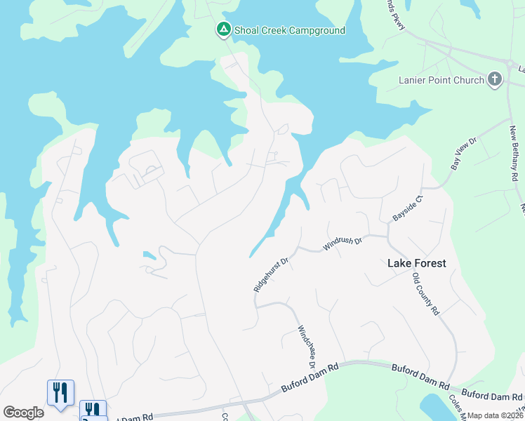 map of restaurants, bars, coffee shops, grocery stores, and more near 6001 Shadburn Ferry Road in Buford