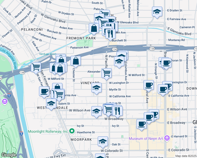 map of restaurants, bars, coffee shops, grocery stores, and more near 526 West Milford Street in Glendale