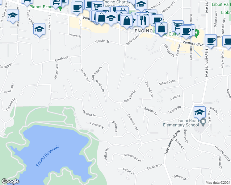 map of restaurants, bars, coffee shops, grocery stores, and more near 4437 Balboa Avenue in Los Angeles