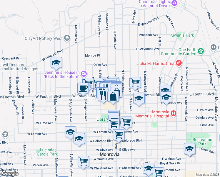 map of restaurants, bars, coffee shops, grocery stores, and more near 114 Stedman Place in Monrovia