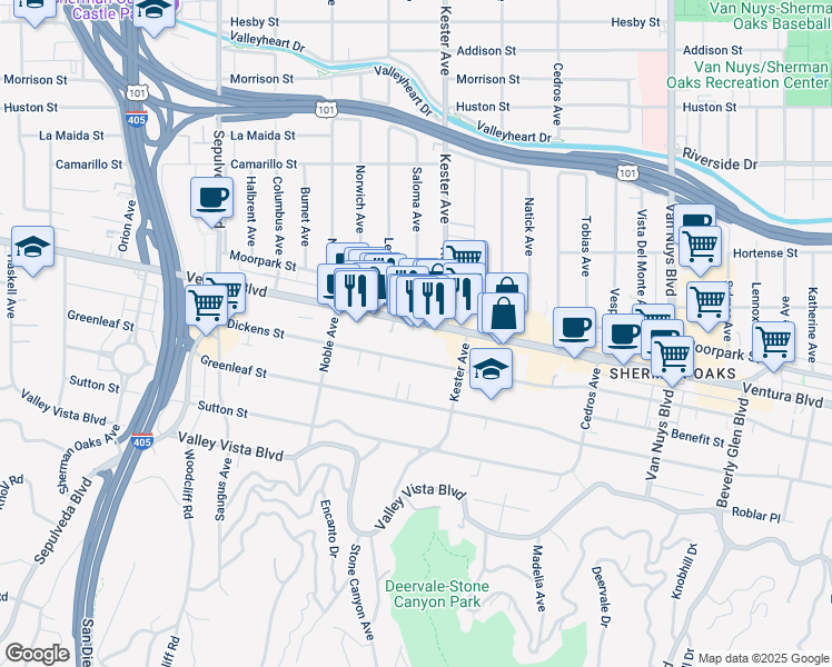 map of restaurants, bars, coffee shops, grocery stores, and more near 14910 Ventura Boulevard in Los Angeles