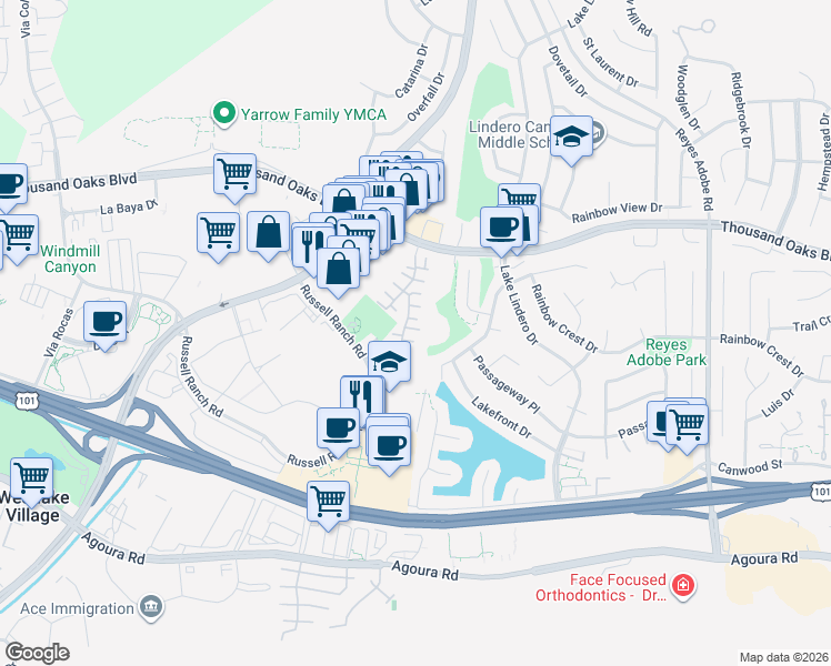 map of restaurants, bars, coffee shops, grocery stores, and more near 30801 Calaise Court in Westlake Village