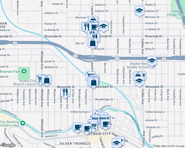 map of restaurants, bars, coffee shops, grocery stores, and more near Laurel Canyon Boulevard & Landale Street in Los Angeles