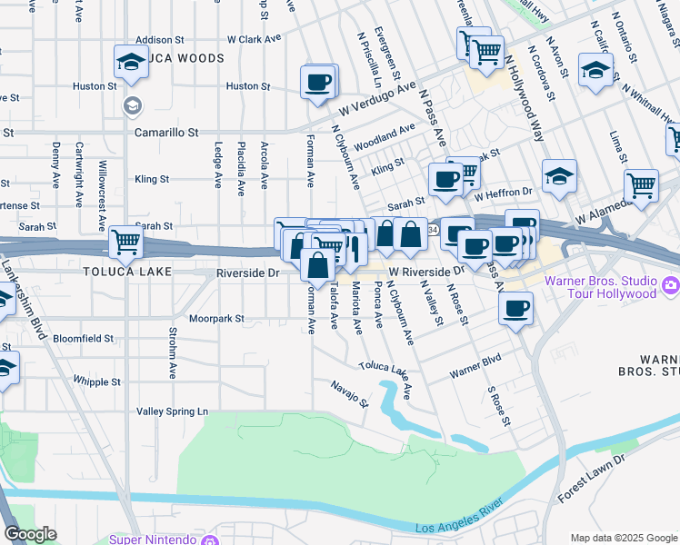 map of restaurants, bars, coffee shops, grocery stores, and more near 10120 Riverside Dr in Los Angeles