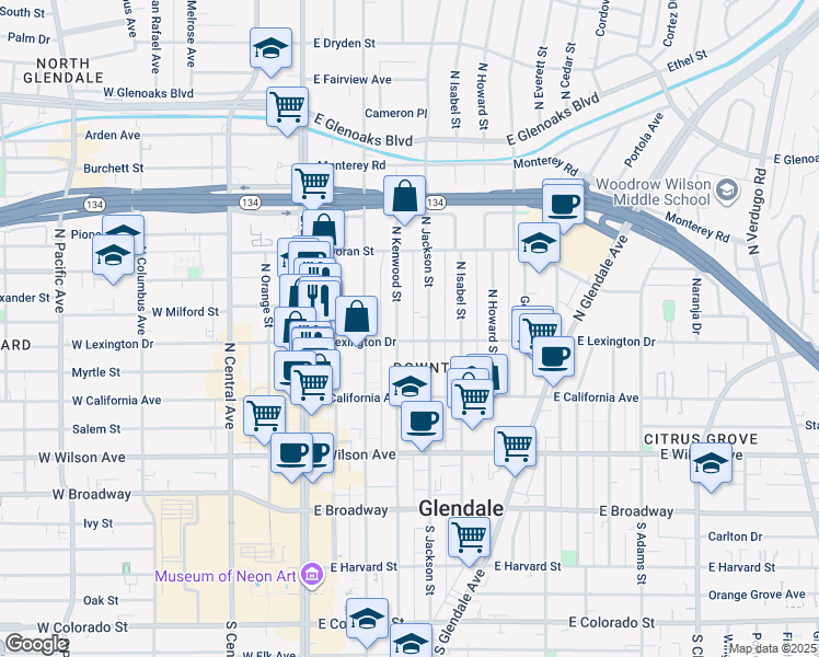 map of restaurants, bars, coffee shops, grocery stores, and more near 412 North Kenwood Street in Glendale