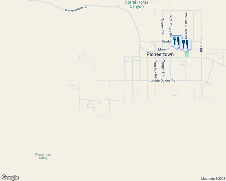 map of restaurants, bars, coffee shops, grocery stores, and more near 5588 Mountain View Lane in Pioneertown