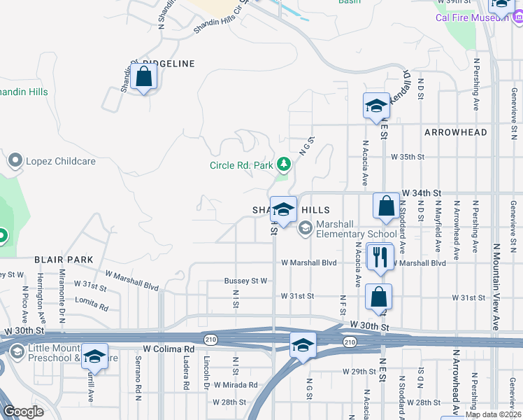 map of restaurants, bars, coffee shops, grocery stores, and more near 828 West Edgehill Road in San Bernardino