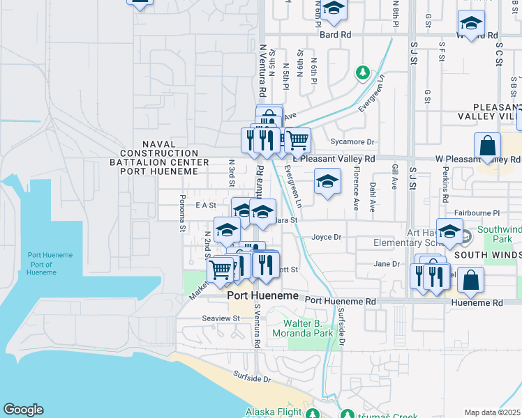 map of restaurants, bars, coffee shops, grocery stores, and more near 469 4th Place in Port Hueneme