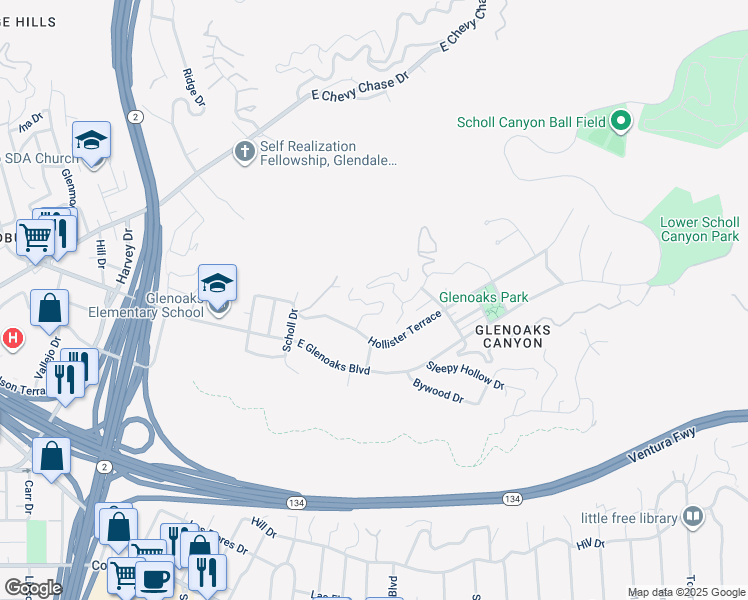 map of restaurants, bars, coffee shops, grocery stores, and more near 560 Arch Place in Glendale