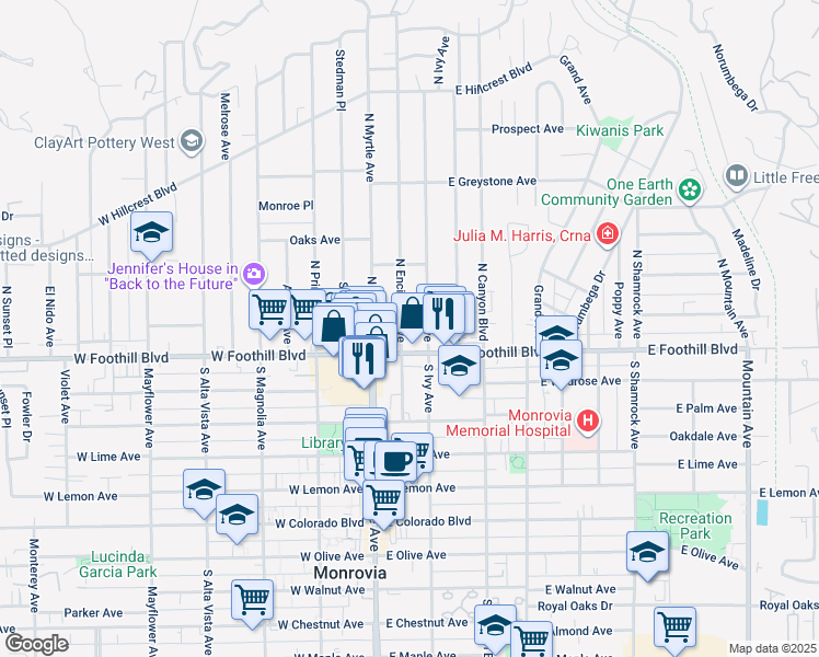 map of restaurants, bars, coffee shops, grocery stores, and more near 115 North Ivy Avenue in Monrovia