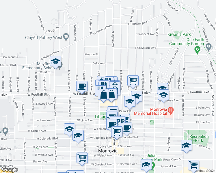 map of restaurants, bars, coffee shops, grocery stores, and more near 114 Stedman Place in Monrovia