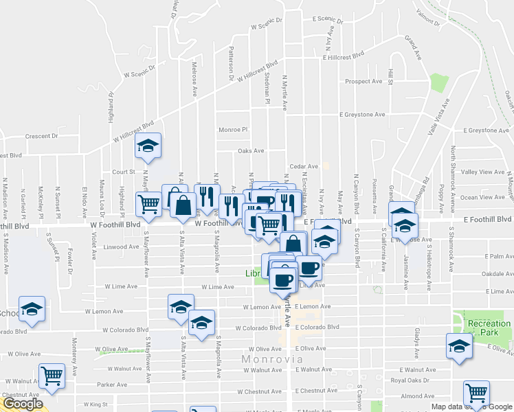 map of restaurants, bars, coffee shops, grocery stores, and more near 113 North Primrose Avenue in Monrovia