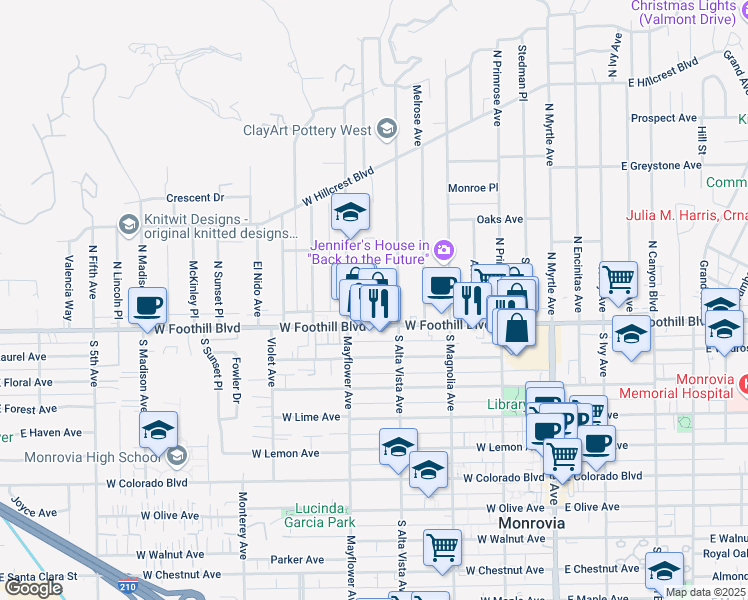 map of restaurants, bars, coffee shops, grocery stores, and more near 117 North Alta Vista Avenue in Monrovia