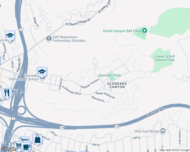 map of restaurants, bars, coffee shops, grocery stores, and more near in Glendale