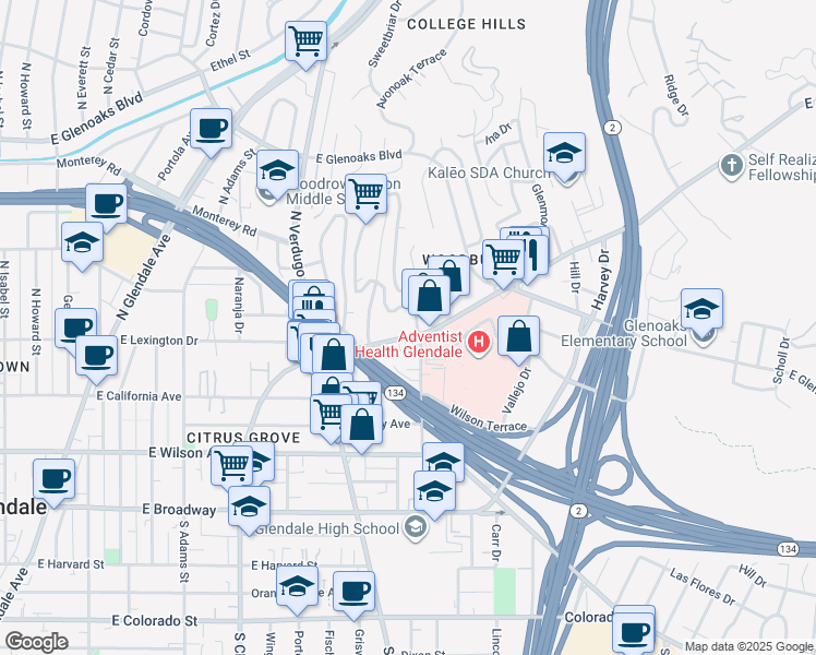map of restaurants, bars, coffee shops, grocery stores, and more near 1479 East Chevy Chase Drive in Glendale