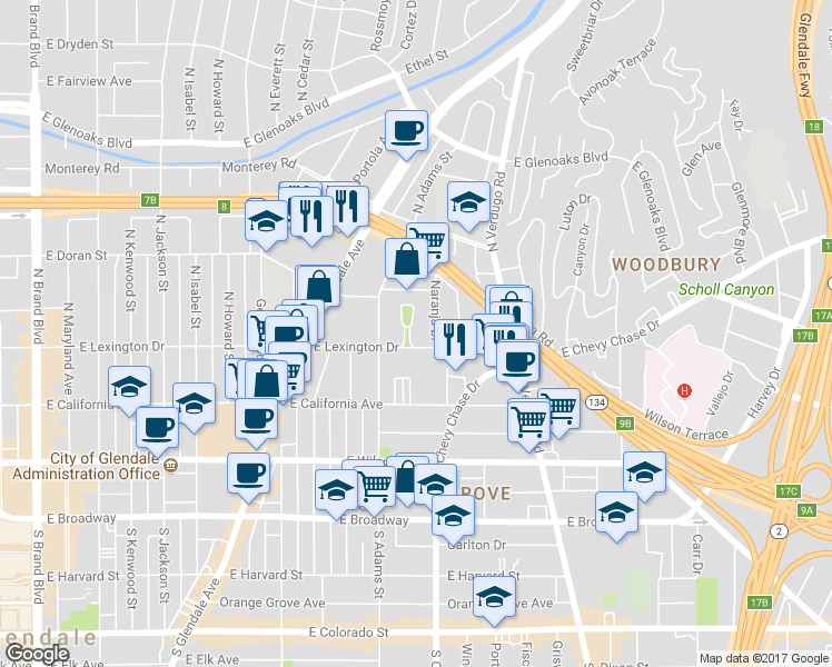 map of restaurants, bars, coffee shops, grocery stores, and more near 400 Piedmont Avenue in Glendale