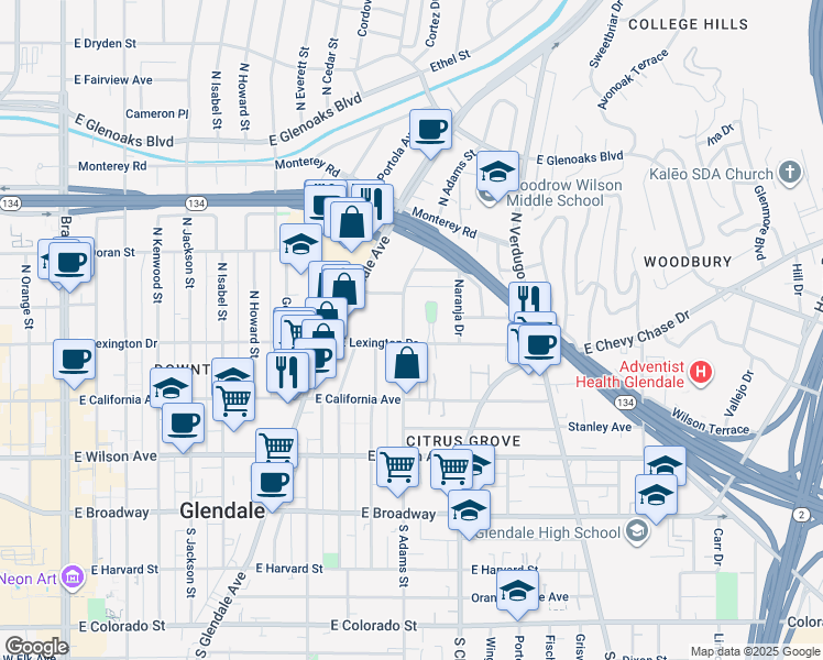 map of restaurants, bars, coffee shops, grocery stores, and more near 1021 East Lexington Drive in Glendale