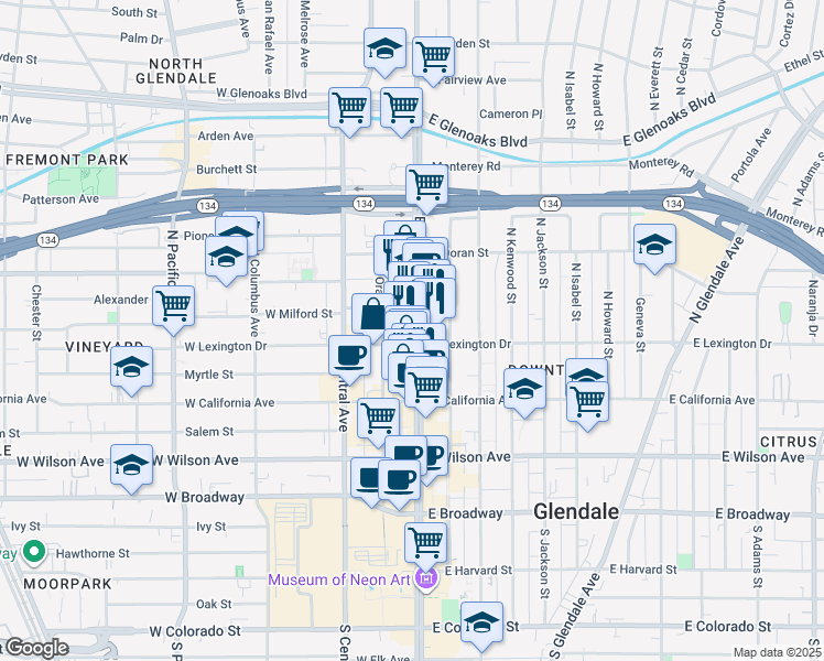 map of restaurants, bars, coffee shops, grocery stores, and more near 400 North Brand Boulevard in Glendale