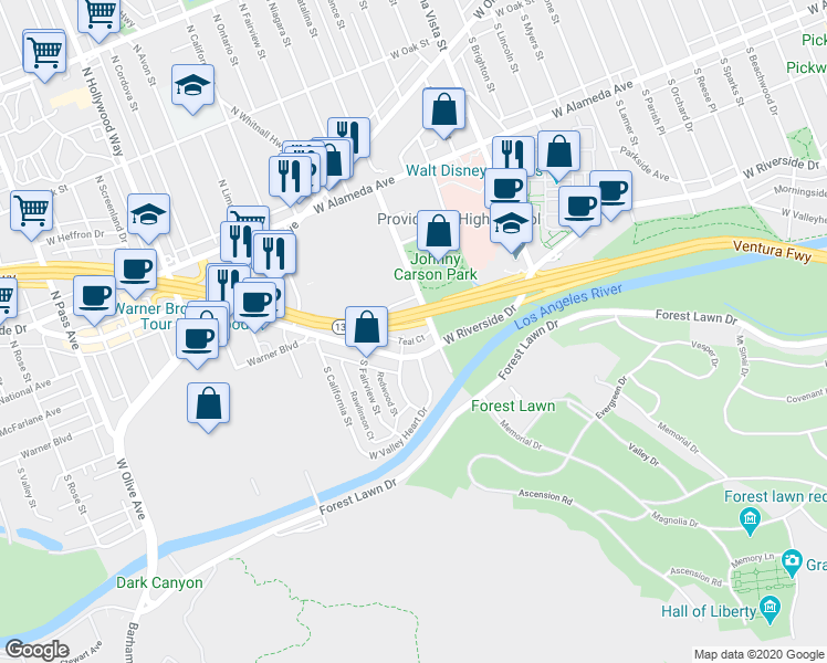 map of restaurants, bars, coffee shops, grocery stores, and more near 2915 Teal Court in Burbank