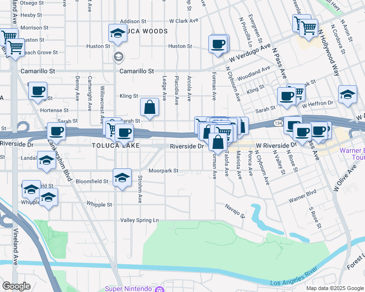 map of restaurants, bars, coffee shops, grocery stores, and more near 4450 Placidia Avenue in Los Angeles