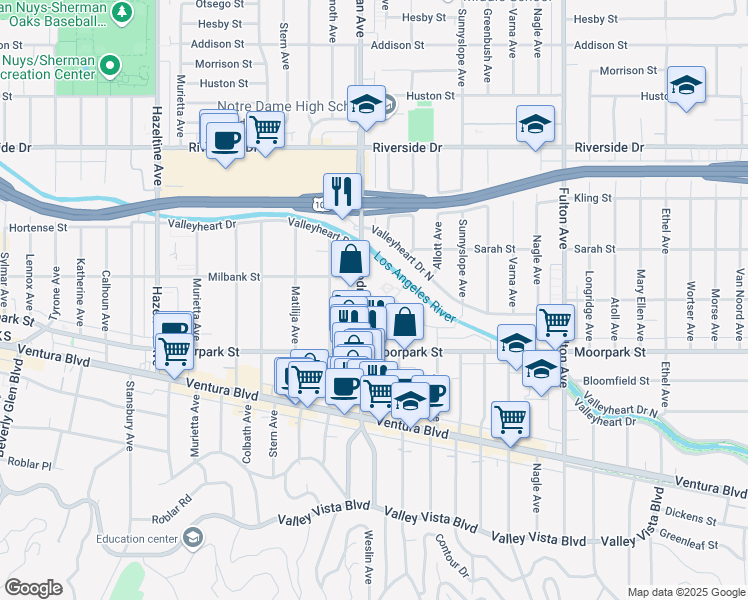 map of restaurants, bars, coffee shops, grocery stores, and more near 4458 Woodman Avenue in Los Angeles